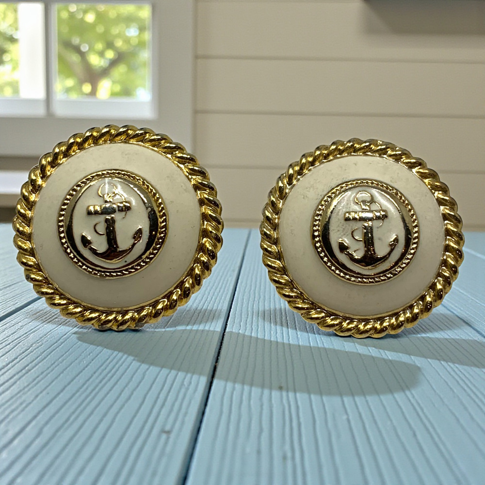 Vintage 1980's WhiteEnamel Anchor Gold Tone Pierced Earrings Nautical Boat Yacht